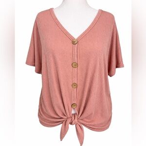 Free Kisses Blush Waffle Knit Button Front Top 3X Tie Front Boho Comfy